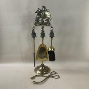 Mid Century Fireside Companion Set c1950s. Retro Hearth Brush-Shovel-Tongs-Poker Set. Solid Brass Fireplace Tool Stand. Mid Mod Home Decor.