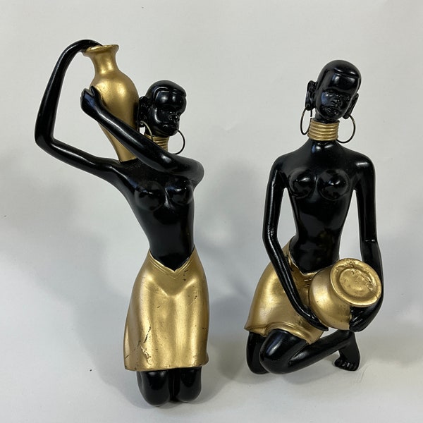 Duron Chalkware Black African Maiden Statues After Salvatore Melani c1950s. Art Deco Plaster/Gypsum Figurines. Retro Mid Century Decor Gifts