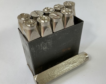 Large J.H.Shand Case Hardened Steel Heavy Duty Numerical Punch Set c1950s. Retro 9mm Metal-Wood-Leather Number Marking Dies. Hobby Crafts.