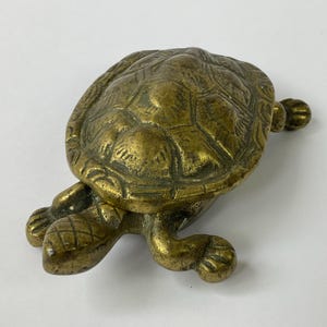 Op de afbeelding: Een koperen schildpadfiguur met een gestructureerd, gesegmenteerd schild en gedetailleerde ledematen. Het metalen oppervlak heeft een verweerde, antieke patina met donkere accenten in de groeven van het schildpatroon en een gladde kop.