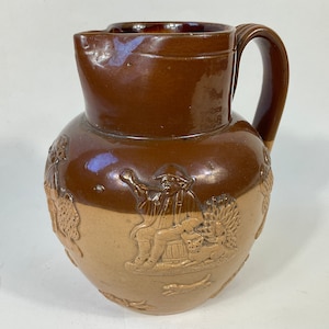 Seltener Doulton Lambeth Stoneware Jagdkrug c1880s. Antike Bierkrug, Wein, Spirituosen, Whisky, Wasserkrug. Hausbar Zubehör. Weihnachtsgeschenke für Männer.