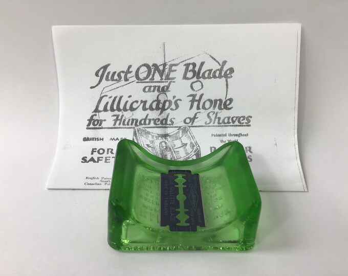 Lillicrap's Hone Glass DE Razor Blade Sharpener 1930. Uranium Glass. Men's Traditional Shaving