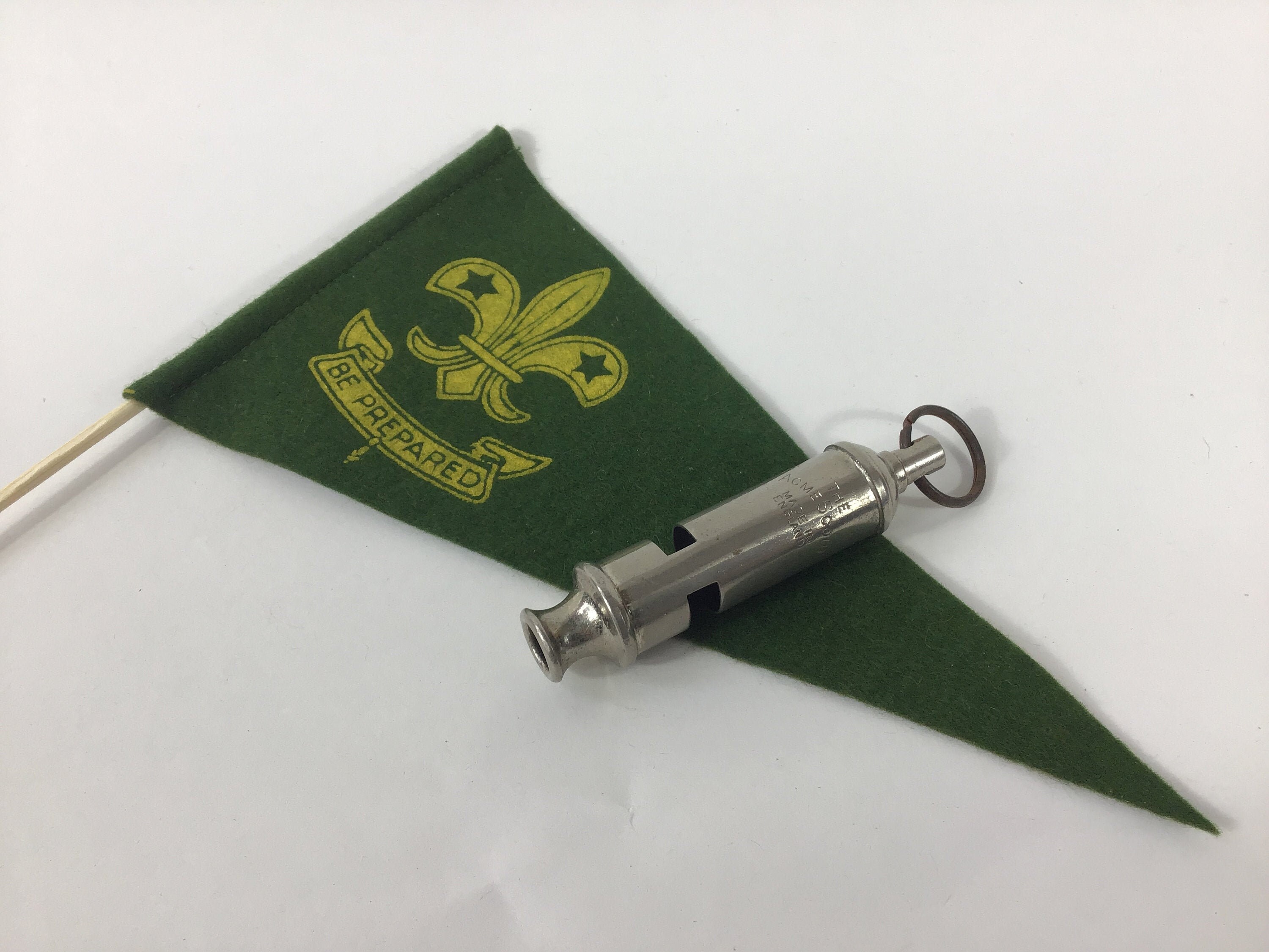 Image of 1930S "The Acme" Scout Whistle & Felt Tent Pennant. Ww2 Scouting Accessories. British Boy Collectables/Memorabilia. Gifts