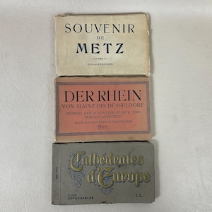 Álbumes de postales de recuerdo europeos de los años 1920 y 1930 x 3. Metz/El río Rin/Catedrales de Europa. Sin usar/Completo. Recuerdos de la Segunda Guerra Mundial: tarjetas con vista retro.