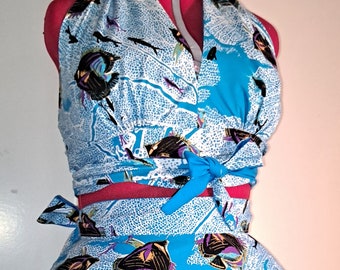 Vintage inspired 2 piece matching wrap crop top and circle skirt. Reproduced Alfred Shaheen Hawaiian collection