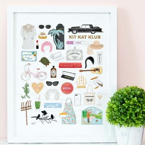 May include: A framed print featuring a collection of illustrated icons, including a car, sunglasses, a bicycle, and a guitar. The print has a white frame and is displayed on a marble surface next to a potted green plant.