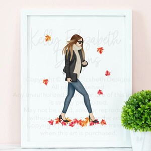 Póster con impresión artística de acuarela de Fall Glam Girl (elección del tono de piel) // lindo, otoño, blogger, lindo regalo