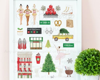 May include: A white framed print with a colorful illustration of various New York City landmarks and symbols, including the Rockefeller Center Christmas tree, a yellow taxi cab, a red shoe, a pretzel, and a ballerina. The text "W 34th St", "North Pole Station", "Fifth Ave", and "Big Dough Bag" are included in the illustration.