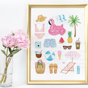 May include: A printable digital art print featuring a collection of summer-themed illustrations, including a pink flamingo float, a beach umbrella, a coconut, a watermelon, sunglasses, a straw hat, a beach bag, flip flops, a beach chair, a palm tree, a camera, a cup of coffee, and a swimsuit.