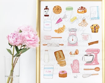 Baking art print poster // cute gift for baker, baking supplies, cookies, banana bread, watercolor baker print
