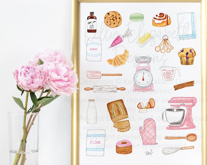 Baking art print poster // cute gift for baker, baking supplies, cookies, banana bread, watercolor baker print