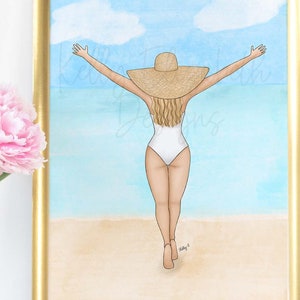 Surf and Sand (choice of skin tone) watercolor art print poster // cute, chic style, blogger, cute gift, fashion illustration