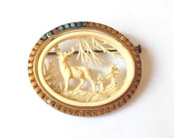 Broche Vintage Tête De Cerf En Celluloïd Marron - Bijou Collector - Occasion état Parfait
