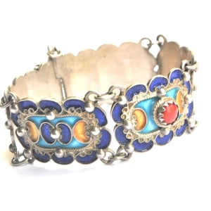 Vintage Silver, Coral and Enamel Bracelet
