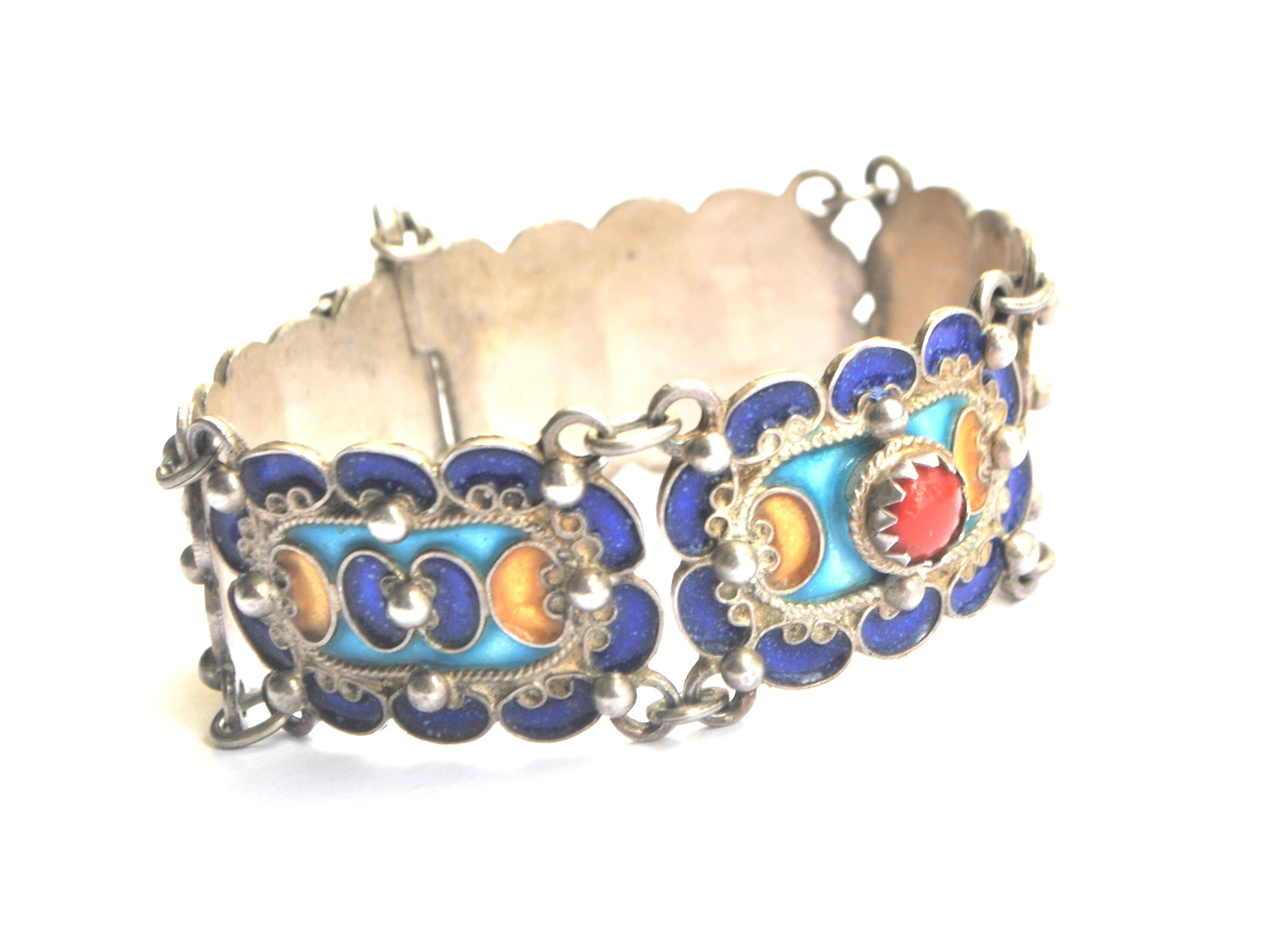 Bracelet Argent Massif Corail Ethnique Art Déco - Vintage, Ancien, Occasion