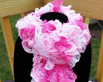 Adult Pink and White Hand Knit Sashay Ruffle Scarf