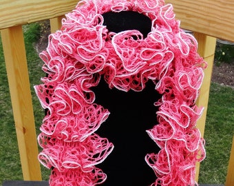 Pink with Silver Trim Yarn Hand Knit Ruffle Scarf