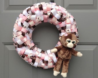 Pink and Brown Butterfly and Monkey Ribbon Wreath