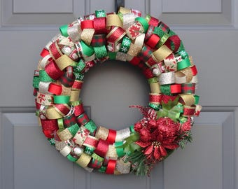 Classic Christmas Poinsettia Ribbon Wreath