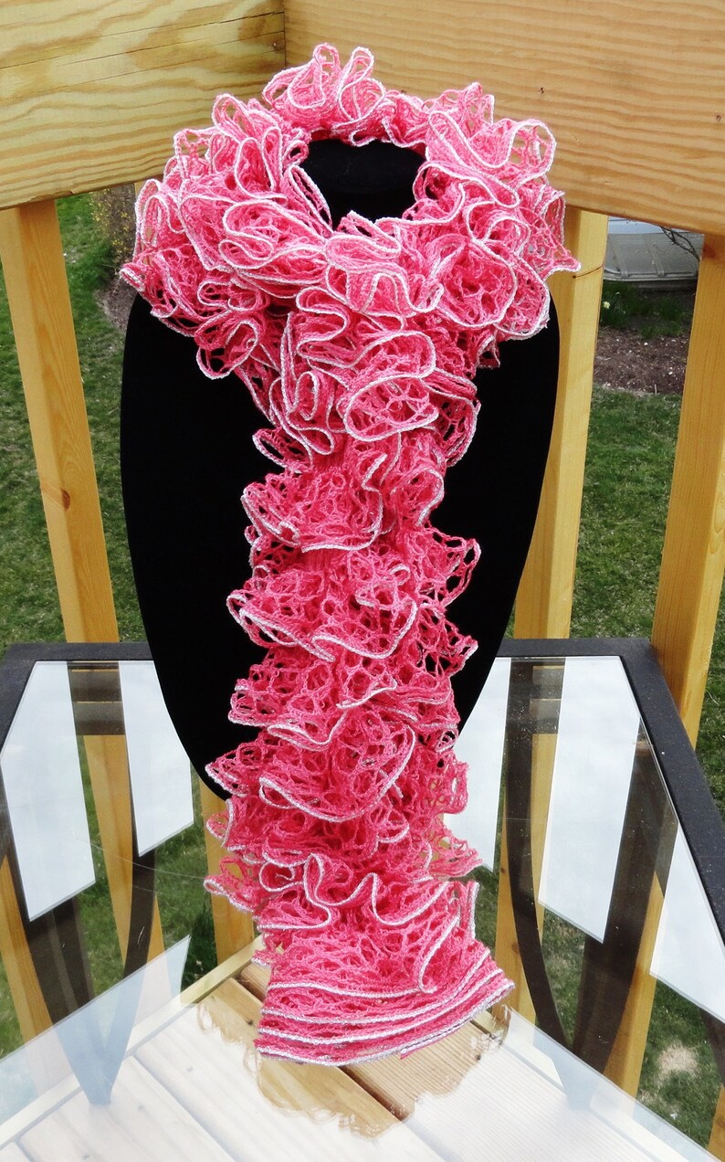 Pink With Silver Trim Yarn Hand Knit Ruffle Scarf - Etsy
