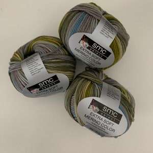 以下が含まれることがあります： 緑、青、紫の色合いのSMC Select Extra Soft Merino Color糸のボールが3つ。各ボールは50グラムで130メートルです。