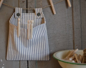 Blue Ticking Stripe Clothespin Bag