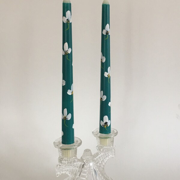 Teal background with floral design-Decorative Only-Hand Painted Taper Candles