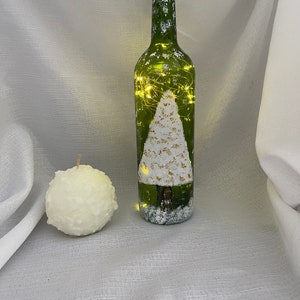 Snow Covered Winter Trees Design/Hand Painted-Battery operated Lighted Wine bottle. Kitchen decor/Night Light/Evening Dining Light/Signed.