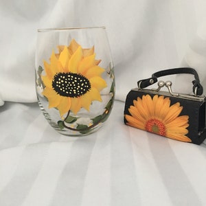 Sunflower Design - Stemless Wine Glass  18 oz. Hand Painted/Bridal/Wedding/Fall Celebrations/Birthday/Bar/Bar Cart/Signed.