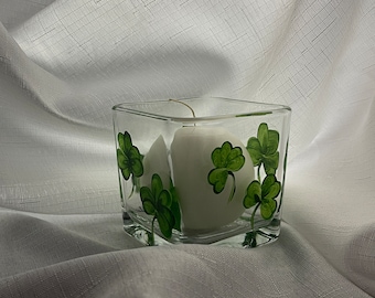 Lucky Shamrock Glass Square Hand Painted Candle Holder/Mother's Day/All Occasion/Home Decor/Signed by Artist