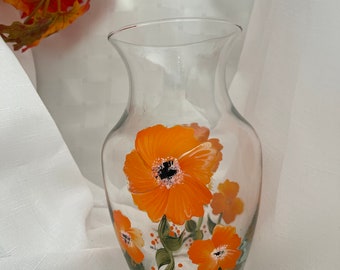 Orange Floral Design- Hand Painted - Hand Painted Vase-Signed by Artist