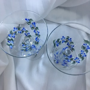 Martini Glasses -Pair of hand painted blue floral glasses