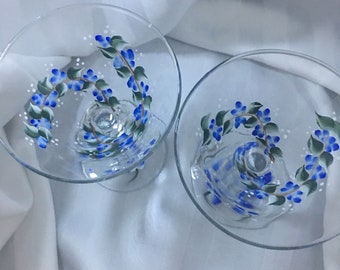 Martini Glasses -Pair of hand painted blue floral glasses. Mother's Day/Bridal/Wedding/Anniversary/Special Occasion