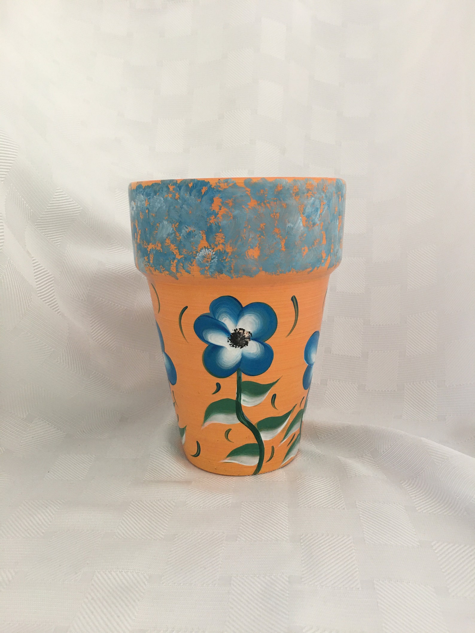 Bright Orange Flower Pot/blue and White Floral Design/patio Etsy