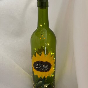 Sunflowers Design-Hand Painted-Battery operated Lighted Wine bottle.  Kitchen decor/Night Light/Outdoor Evening Dining Light/Artist Signed.