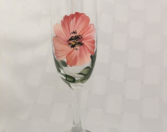 Shades of Coral floral design/hand painted/Bridal/Wedding/Birthday/Special Occasion champagne glass/signed by Artist/Great gift!