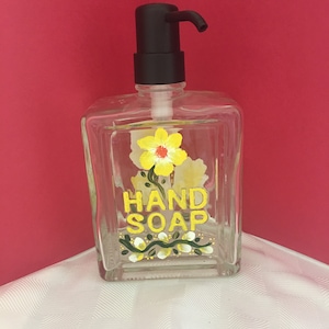 Yellow and White Flower Design/Block Glass Style Liquid Hand Soap Dispenser -16 oz. capacity/ Gift-Hand painted - signed by Artist