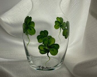 St. Patricks Day Lucky Shamrock Design/IrishTable Vase/Art Glass Vase/Birthday Celebration/Bridal/Wedding/-Hand Painted - Signed by Artist.