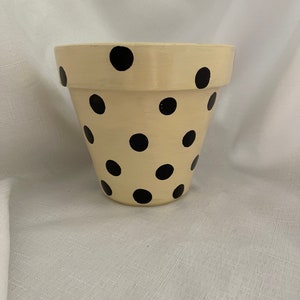 May include: A cream-colored terracotta pot with black polka dots. The pot is a classic design and is perfect for adding a touch of whimsy to any home.
