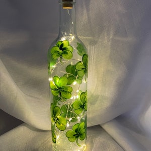 Shamrock Design-Hand Painted-Battery operated Lighted Wine bottle.  Kitchen decor/Night Light/Outdoor Evening Dining Light/Artist Signed.