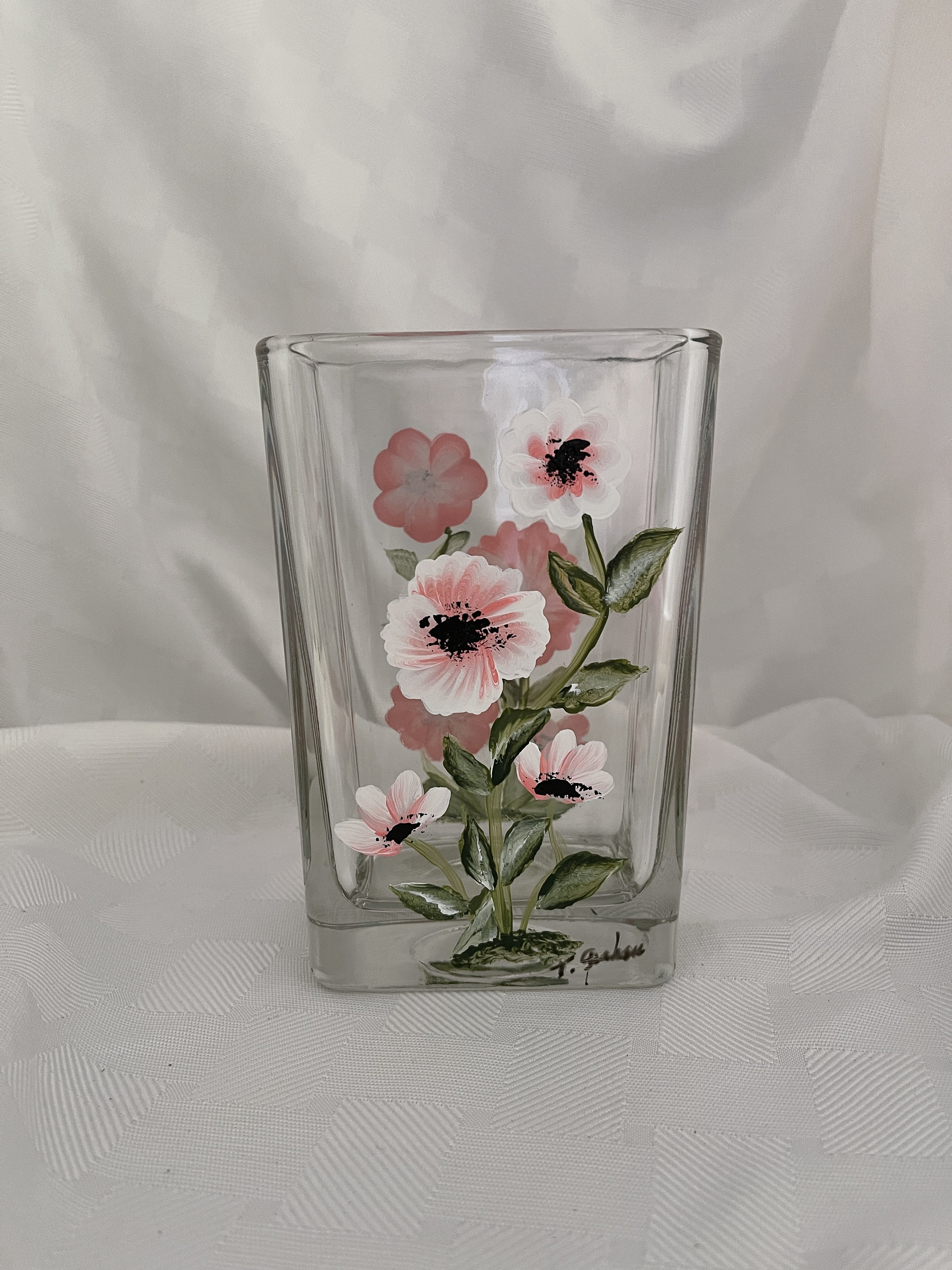 Beautiful Shabby Chic Inspired Design-Pink and White/Coral and White Floral Hand Painted Vase/Candle Holder-One of a Kind--Signed by Artist
