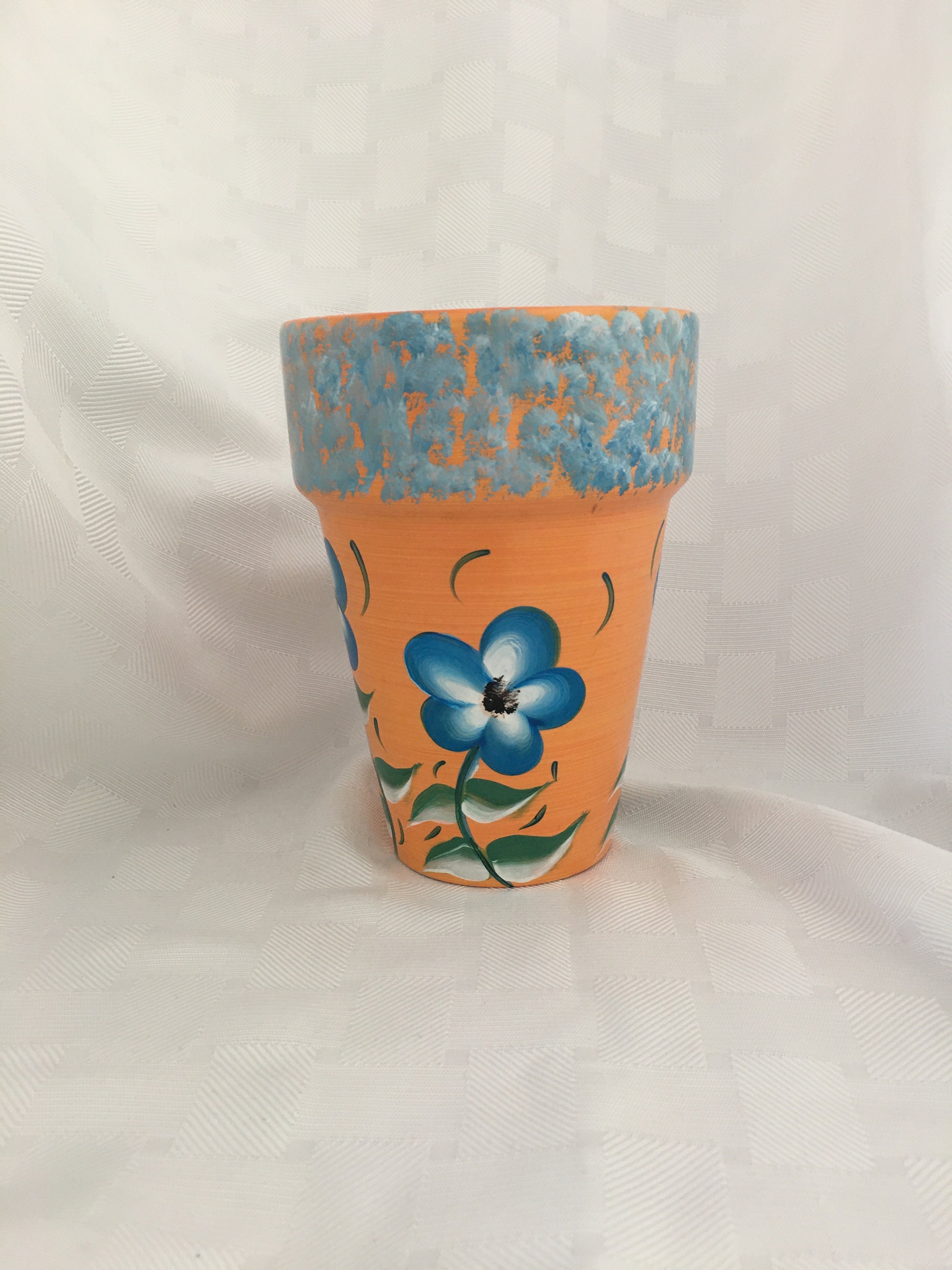 Bright Orange Flower Pot/Blue and White Floral Design/Patio Etsy