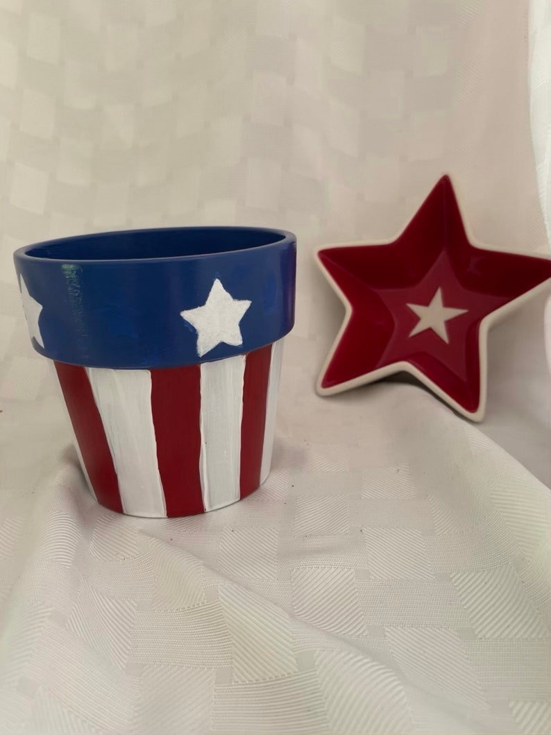 Americana/Red white and blue-flower pot with matching saucer/hand painted/Plant Lover/Home Decor image 3