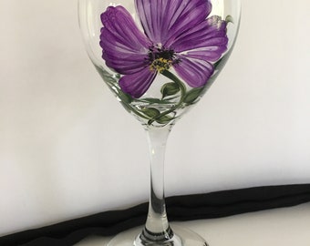 Purple floral design/hand painted/Bridal/Wedding/Birthday/Special Occasion wine glass/signed by Artist/Great gift!