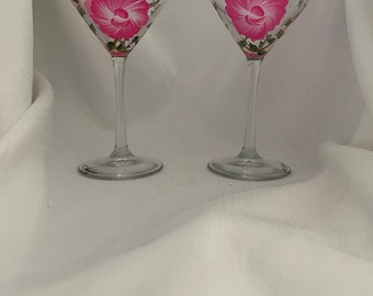 Classic Pink Rose Design 11 oz. Martini Glasses/Friendship/Bridal Shower/Wedding/All Occasion/Hand Painted PAIR -  Signed by Artist!