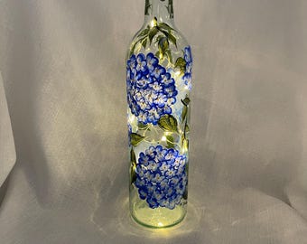 Hydrangeas Hand Painted Wine Bottle with Lights/Tablescape Decor/Home Decor/Night Light/Outdoor Dining/Bridal Shower/Wedding gift! Signed.