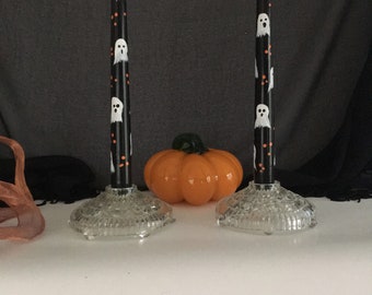 Black Halloween Taper Candles/Halloween Design-Decorative Hand painted tapers/Great Halloween Decor/Fun ghosts design