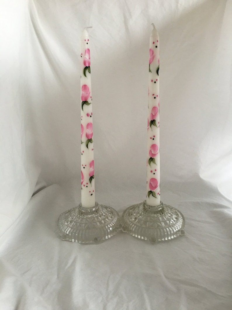 Shabby Chic Taper Candles - Pink Rose Buds Design. Candles/bridal ...
