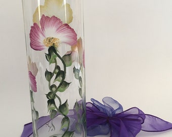 Beautiful Colors-Magenta and Yellow Floral Design/Wedding/Hostess/Housewarming/Special Occasion-Cylinder vase-Hand Painted-Signed by Artist