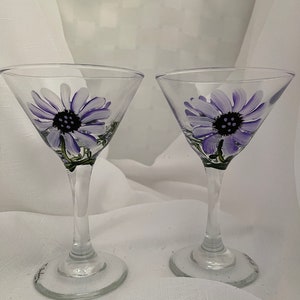 Martini glasses (Pair)-Hand painted Violet Metallic and White Pearl Elegant Flower Design-Mother's Day/Bridal/Wedding/Hostess/Bar/Bar Cart